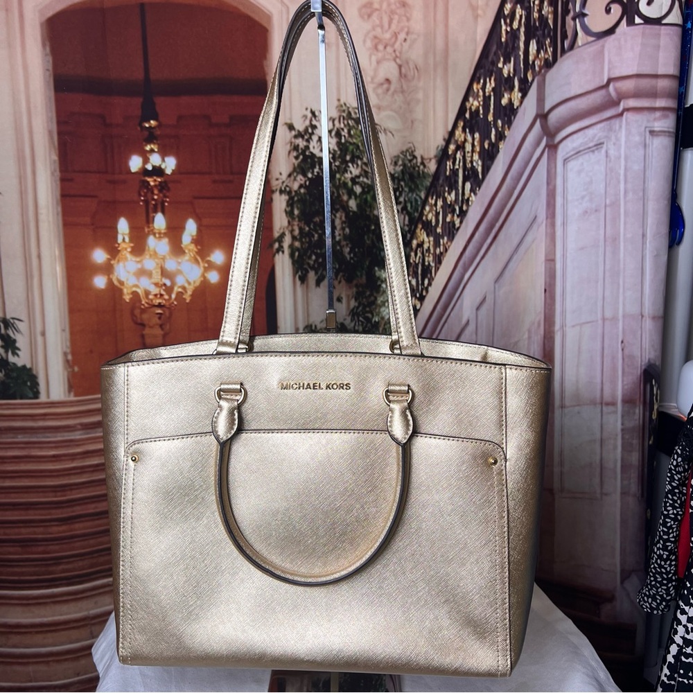 Michael Kors Metallic Gold Saffiano Shoulder Tote - Picture 3 of 15